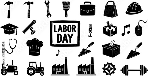 Labor Day Professions Industry Icons Set. Black and White Glyph Symbols for Diverse Occupations and Tools.