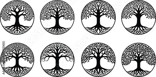 Tree of life black silhouette vector set featuring circular nature symbols roots branches sacred geometry spiritual design decorative botanical artwork