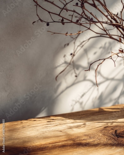 Elegant rustic scene with wooden table and branches casting shadows