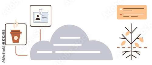 Remote work, digital identity, cloud storage, growth, organization, productivity. A cloud connects a coffee cup, an ID badge and a tree. Remote work and digital identity visualization