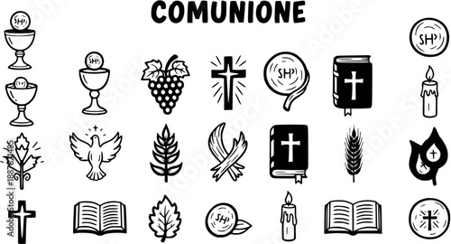 Black and White Line Art Icons of Catholic Communion Symbols - Eucharist, Bible, Cross, Dove, Candle