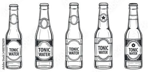 A set of tonic water bottles in black and white outline vector style, ideal for beverage branding and packaging design