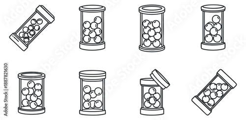 A set of cylindrical containers filled with balls in outline minimalist vector style, suitable for sports and game-related designs