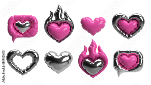 Glossy 3D hearts with inflatable balloon shapes and chrome metallic surfaces