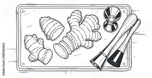 A hand-drawn illustration of sliced ginger root on a cutting board with kitchen utensils in outline vector style, suitable for culinary projects