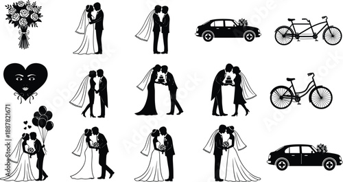Wedding couple silhouettes collection, bride groom romantic poses, love ceremony symbols, car bicycle bouquet elements, black vector set
