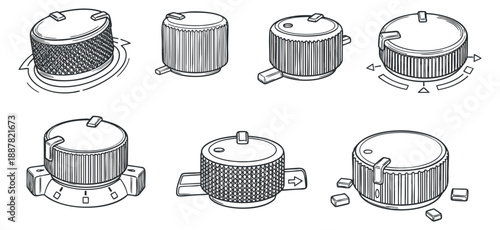 A set of various bottle caps with twist and turn mechanisms in black and white outline vector style, ideal for packaging design and branding