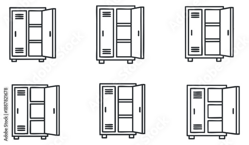 A set of six outline style cabinets with open and closed doors in minimalist black and white vector design, ideal for interior design projects