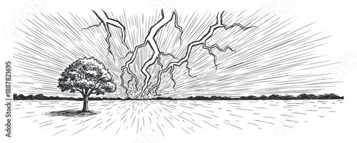 A dramatic scene of a tree under lightning strikes with rays in black and white sketch style, suitable for nature-themed projects