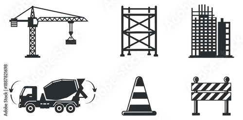 A collection of construction icons including a crane, scaffolding, cement truck, traffic cone, and barriers in black and white vector style, ideal for construction and engineering projects