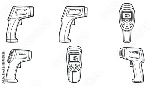 A collection of infrared thermometers in detailed outline vector style, suitable for medical and health-related designs