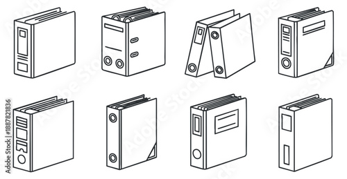 A collection of various book and binder illustrations in black and white outline vector style, suitable for educational and office design