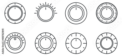 A set of circular adjustment knobs in black and white minimalist vector style, suitable for user interface design and technology projects
