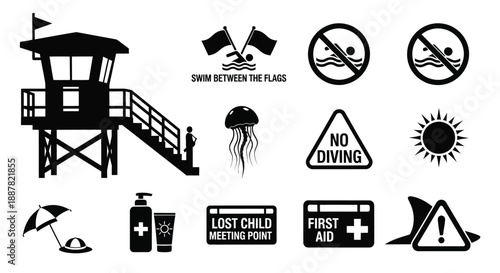 Beach safety icons for warning and caution