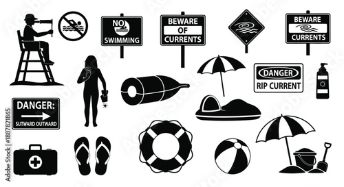 Beach safety icons and warning signs for rip currents