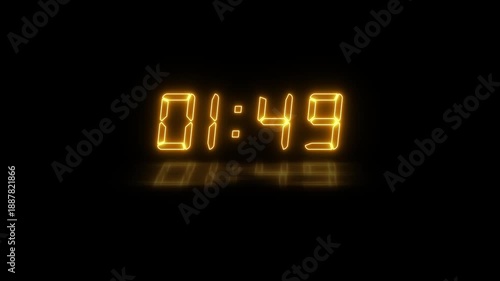 Abstract neon LED timer for 2 minutes countdown with reflection count animation on a black screen. Neon orange digital number clock with reflection.