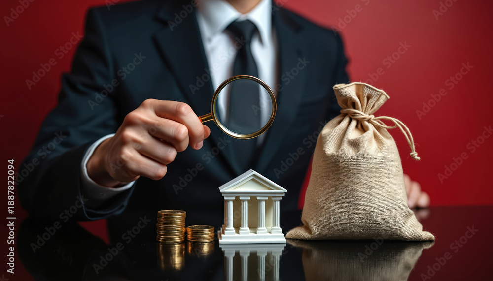 Naklejka premium Person in suit holds magnifying glass over bank model and money bag. Financial investigation or audit of bank assets and compliance with anti-money laundering laws.