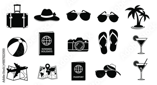 Collection of black and white travel icons