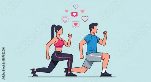 Couple exercising together in lunge position with social media icons