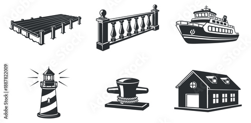 A collection of maritime icons including a lighthouse, boat, pier, fence, and house in black and white vector style, suitable for nautical-themed designs