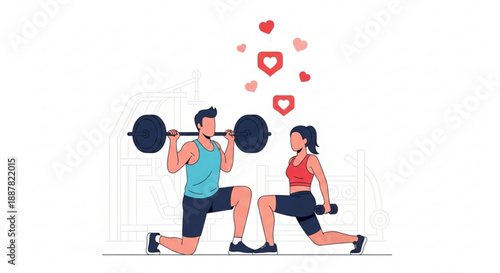 Couple exercising together lifting weights and dumbbells in fitness