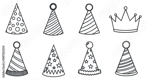 A set of various party hats and a crown in black and white outline vector style, perfect for celebration designs