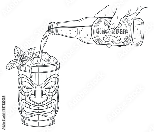 A hand pouring ginger beer into a tiki mug filled with ice and mint leaves in outline vector style, perfect for cocktail menus and summer party themes