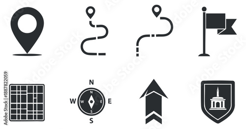 A set of navigation and location icons including map markers, routes, a compass, and a flag in minimalist black vector style, perfect for travel and mapping applications