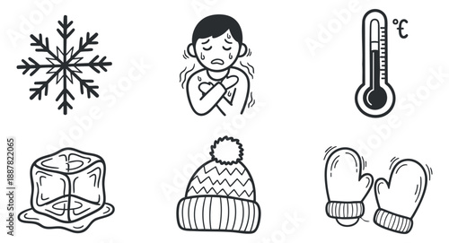 A collection of winter-themed icons including a snowflake, a thermometer, ice cube, a person feeling cold, and mittens in black and white minimalist vector style, suitable for weather-related designs