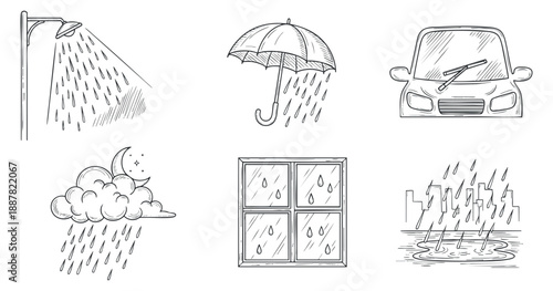 A collection of hand-drawn weather elements including a shower, umbrella, car with wipers, cloud, window, and cityscape in sketch style, ideal for weather-themed projects