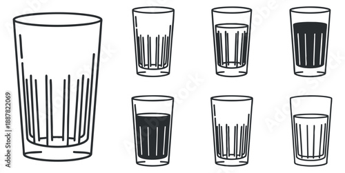 A collection of various glass designs in minimalist black and white outline vector style, ideal for bar and restaurant branding