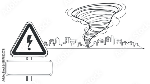 A tornado warning sign with a swirling tornado and a city skyline in black and white outline vector style, suitable for emergency preparedness materials