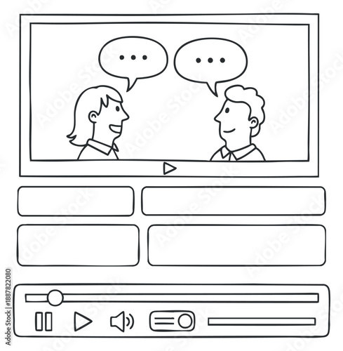 A video player interface featuring two characters engaged in conversation with speech bubbles in a minimalist outline vector style, suitable for digital communication projects