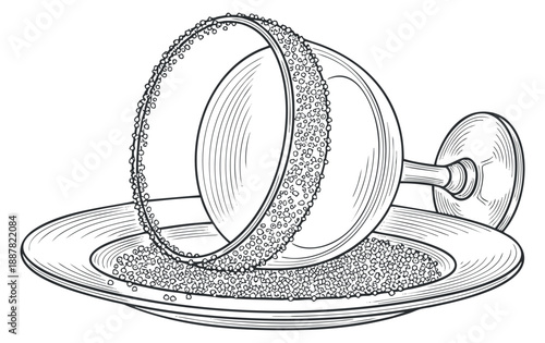 An illustration of a cocktail glass with a sugared rim tipped over on a plate in detailed outline vector style, ideal for bar and mixology design