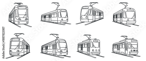 A collection of various tram and train illustrations in black and white outline vector style, perfect for transportation design projects