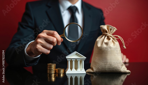 Person in suit holds magnifying glass over bank model and money bag. Financial investigation or audit of bank assets and compliance with anti-money laundering laws. © Vadym