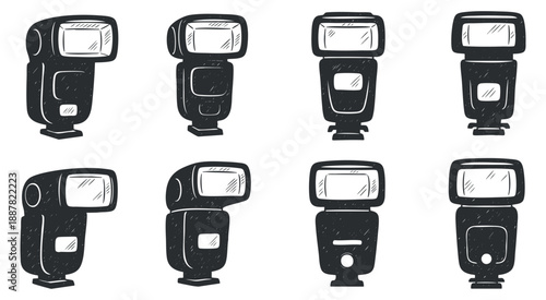 A set of camera flash icons in black and white minimalist vector style, suitable for photography and design projects