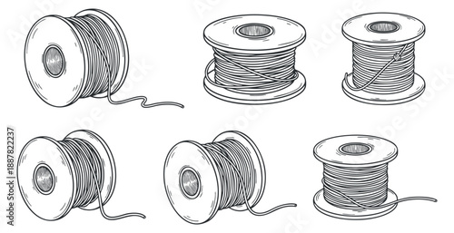 A collection of sewing spools with thread in black and white outline vector style, ideal for crafting and textile design projects