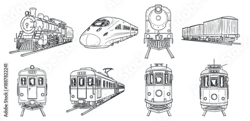 A collection of various trains including steam, electric, and high-speed trains in black and white outline vector style, suitable for transportation design projects