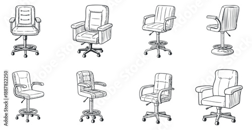 A collection of eight office chairs in detailed sketch style, ideal for interior design projects and workspace concepts