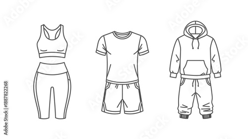 Simple black and white line art illustrations showcasing various sets of modern athletic apparel including a women's two-piece workout outfit a t-shirt and shorts and a full tracksuit
