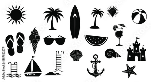 Collection of black and white summer beach icons