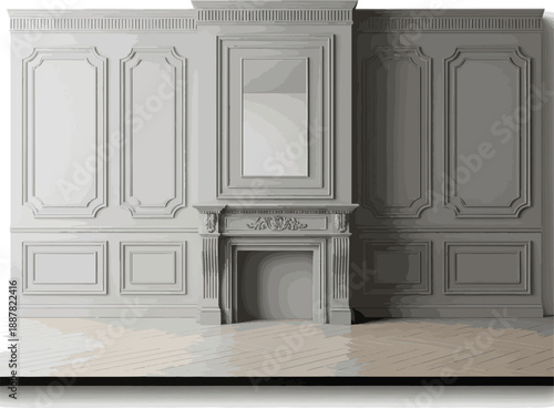 Create a Contemporary classic interior with wall panels, moldings - 3d rendering vector art with white background..