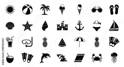 Collection of black and white summer icons on white background