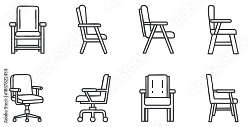 A collection of various chair designs in clean outline vector style, suitable for interior design projects and furniture branding