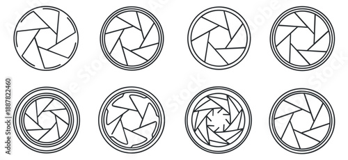 A set of camera aperture icons in black and white outline vector style, ideal for photography branding and design projects