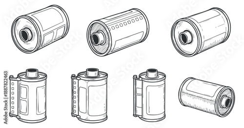 A collection of various oil filters in detailed outline vector style, suitable for automotive service and repair designs