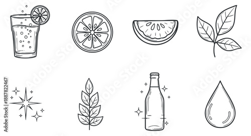A collection of beverage and nature icons including a glass of drink, lemon slice, watermelon, leaves, and sparkles in minimalist outline vector style, suitable for health and wellness branding