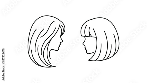 Minimalist line art profile silhouettes of two women facing each other illustrating a concept of dialogue connection or comparison between different hairstyles