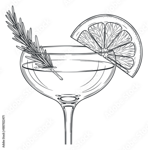 A cocktail glass with a lemon slice and rosemary garnish in black and white outline vector style, ideal for bar menus and cocktail recipes